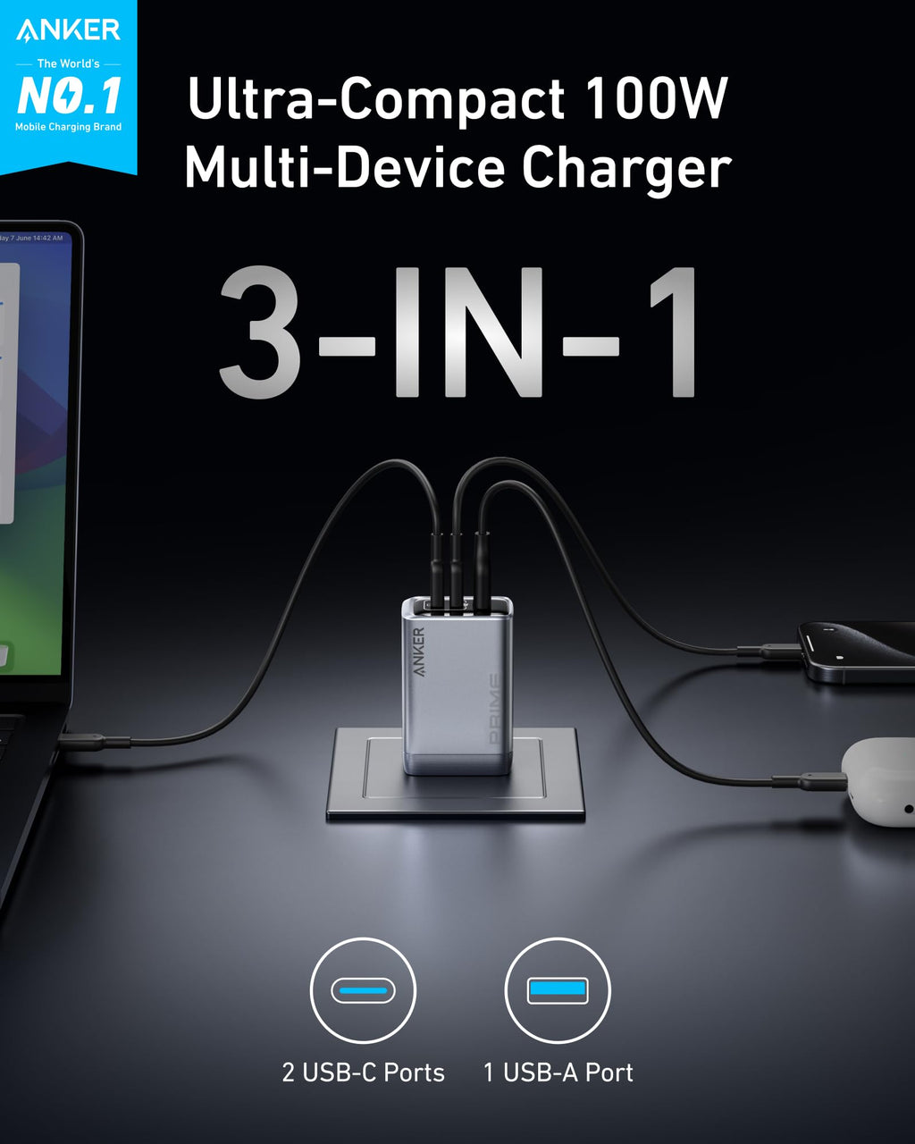 Anker Prime Charger (100W, 3 Ports, GaN) and USB-C to USB-C Cable (240W, 6 ft)