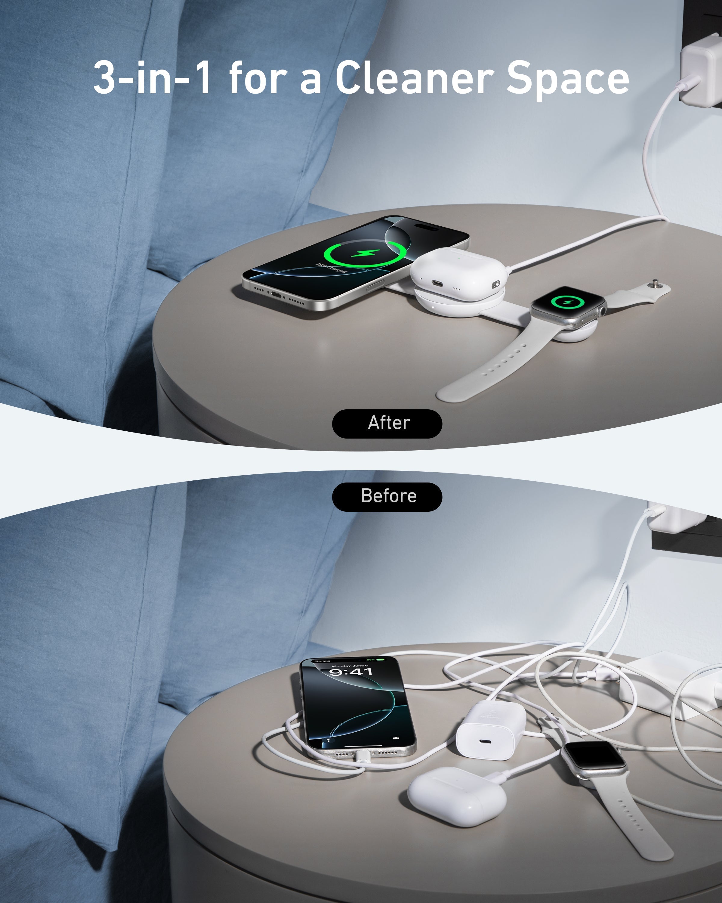 Anker 3-in-1 charger with organized setup for clean desk