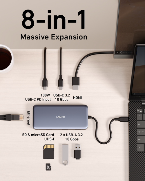 Anker 8-in-1 hub with HDMI, USB, SD card for Massive Expansion