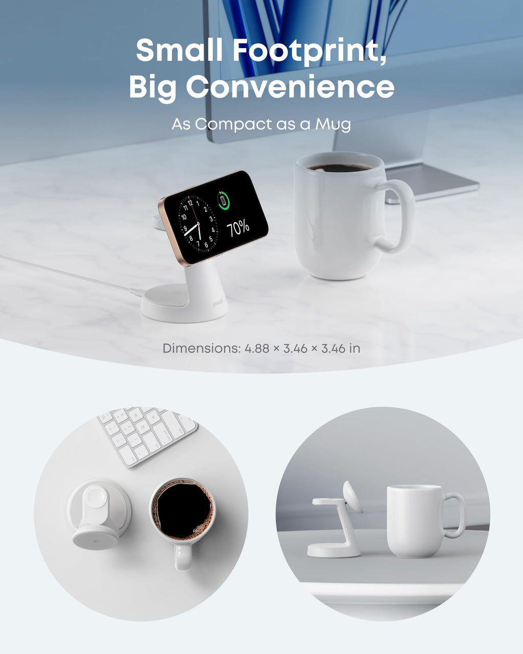 Anker wireless charger with compact mug-sized footprint for workspace convenience